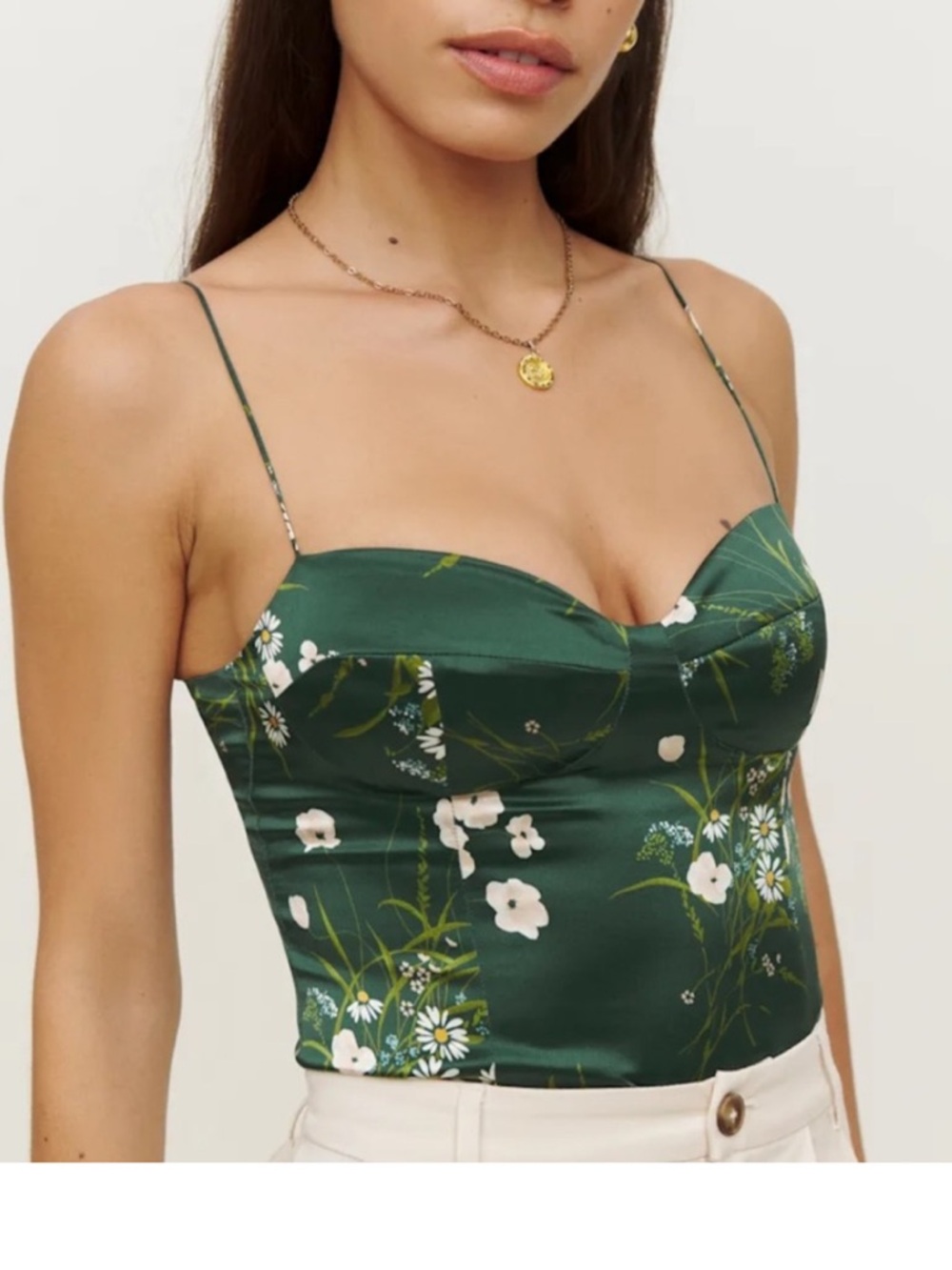 Reformation Tory Silk Forest Green Floral Tie-Shoulder Bustier Top